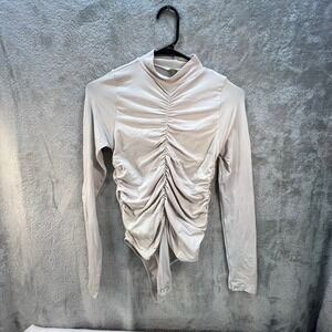 ANWND Beige Ruched Mock Neck Long Sleeve Bodysuit S/M Layering Chic Earthy